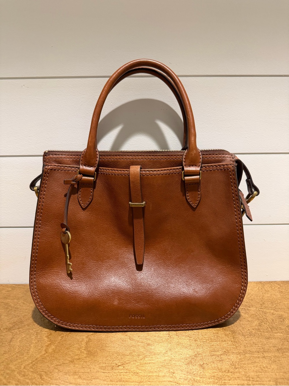Fossil Tan Leather Top-Handle Satchel with Key Charm